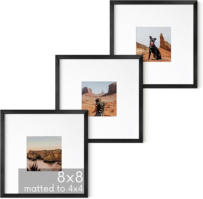 HAUS AND HUES 8x8 Black Metal Picture Frames Matted to 4x4 - Features Premium Aluminum & Hanging Hardware, Shatterproof Plexiglass - Ideal for Home, Room, Office (8x8 in, Black, Set of 3)