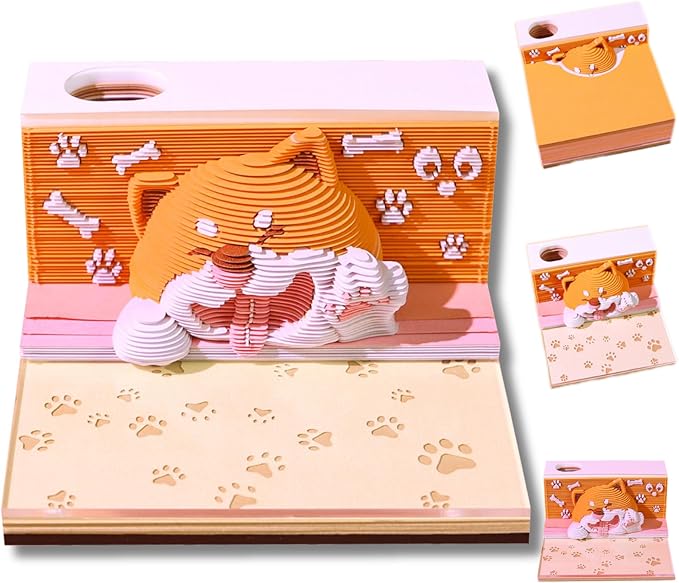 3D Calendar 2026, Cute Dog Time Piece Calendar 2026, Daily Tear-Off Memo Pad with LED Glow, Paper Carving Desktop Decoration, Unique Holiday & New Year Paper Craft Gift