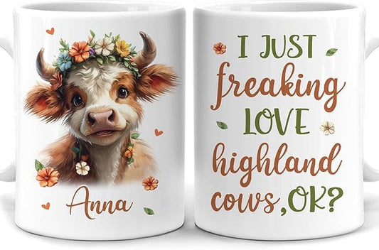 Hyturtle Personalized Mug Gift For Cute Highland Cow Lover - I Just Freaking Love Highland Cows - Cow Gift For Women - Animal Lover Gift - Birthday - Custom Name Coffee Cup Ceramic Mug 11oz - 15oz