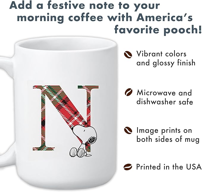 Let's Make Memories Personalized Mug - PEANUTS Character Collection - Christmas Holiday Stocking Stuffer - Microwave and Dishwasher Safe - Snoopy - Plaid Initial - 15 oz.