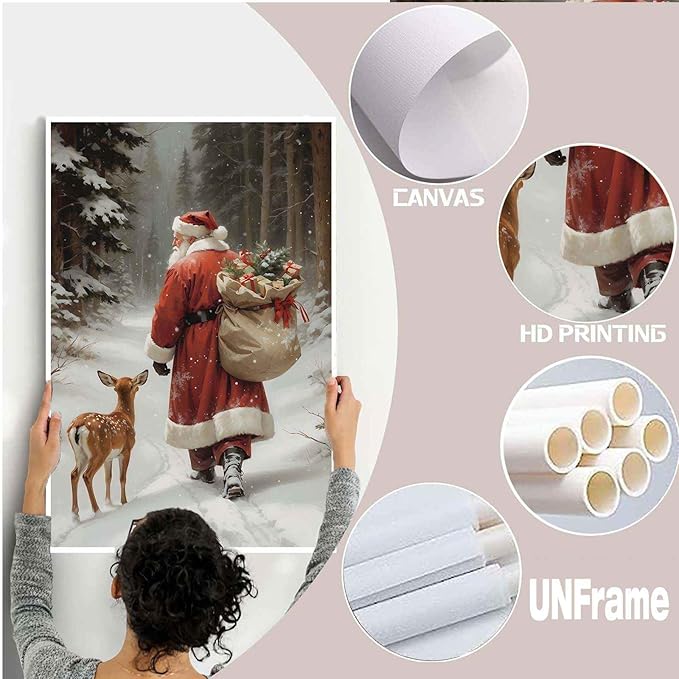 Canvas Wall Art Vintage Santa Claus Print Christmas Wall Art Reindeer Painting Christmas Holiday Decor Winter Forest Painting 20x30in-UnFramed
