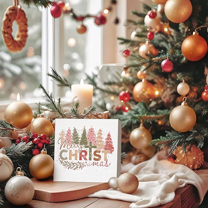 Pink Christmas Trees Wooden Box Sign，Merry Christmas Sign，Farmhouse Rustic Wood Block Plaque for Home Desk, Christmas Office Decorations for Work Desk, Christmas Gifts for Women Funny 5x5