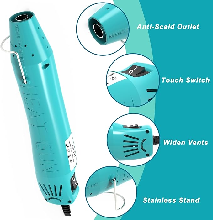 Heat Gun, Mini Heat Gun for Shrink Tubing, for DIY Crafts, 300W Heat Air Gun with Reflector Nozzle, Shrink Wrap Gun Tool for Packaging PVC, Drying Paint, Clay - green