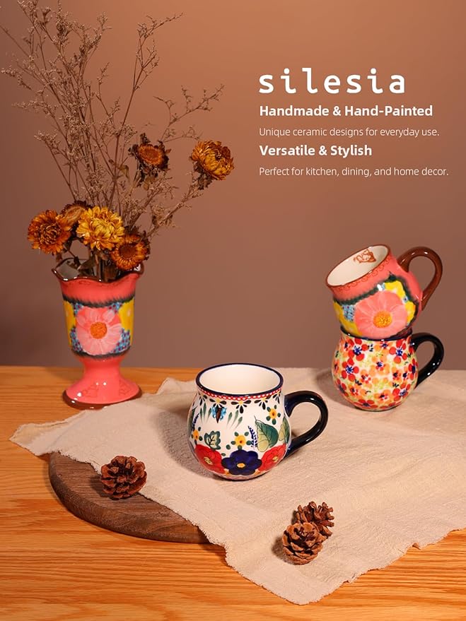 silesia Handmade Coffee Mug with Handle, 12 Ounce Ceramic Hand-Painted Flower Mugs for Home and Kitchen in Gift Box, Oven, Dishwasher & Microwave Safe (Polish Garden)