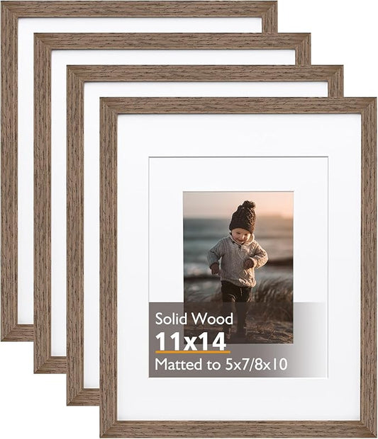 KINLINK 11x14 Picture Frame Brown Wood, Solid Wood Frames with Acrylic Plexiglass for Pictures 5x7/8x10 with Mat or 11x14 without Mat, Tabletop and Wall Display, Set of 4