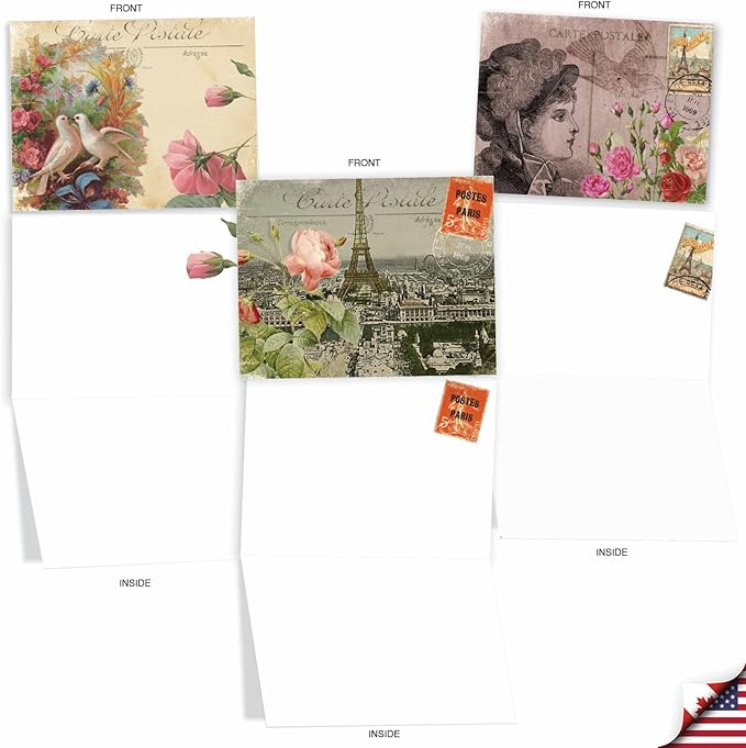 The Best Card Company - 10 Retro Blank Cards with Envelopes (4 x 5.12 Inch) - Artistic Boxed Assortment, Vintage Note Cards - Parisian Postcards M2355OCB