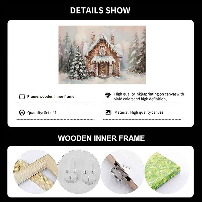 Snowy Cabin Wall Art Christmas Landscape Print Watercolor House Poster Festive Holiday Canvas Print Rustic Winter Scene Wall Decor Indoor Decor for Living Room Bedroom Kitchen Framed Ready to Hang
