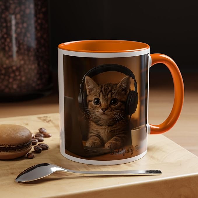 Adorable Cat Coffee Mug, Cute Kitten with Earphones, Pet Lover Gift, Tea Cup, Animal Lover Mug, Coffee Cup