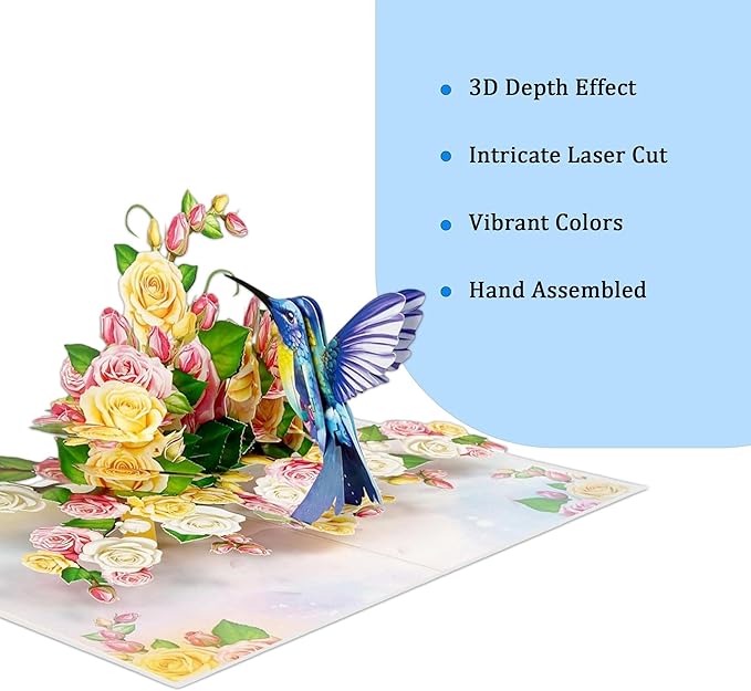 Greeting Card Blue Hummingbird with Roses 3D Pop-Up Cards Handmade Birthday Flower Gift for Women, Mom, Wife, Men 6x8 Inches Aniversary Wedding Christmas Gifts Floral