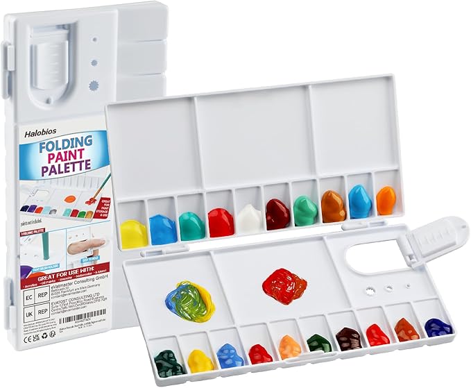 Watercolor Palette, Halobios Paint Palette with 20-Well and 5 Mixing Areas, Folding Paint Tray with Thumbhole and Paint Brush Holder, Plastic Painting Palette for Kids Beginners Artists(1 Pack)