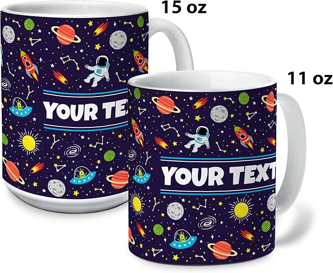 Personalized Mug for Kids - Outer Space - Custom Name/Text, Ceramic Hot Chocolate/Cocoa/Coffee Cup for Boys/Girls, Birthday/Christmas/Holiday Gift - 11 oz, Navy Blue Handle