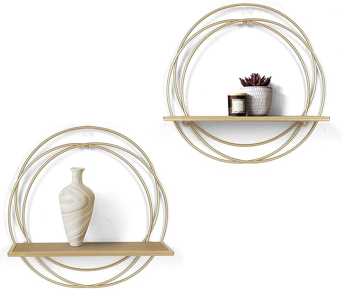 Oakrain 16" Floating Shelves Set of 2, Gold Wall Shelf with Round Metal Frame, Foldable Wooden Hanging Shelves for Storage, Living Room Decor, Bathroom, Kitchen, Bedroom, Office