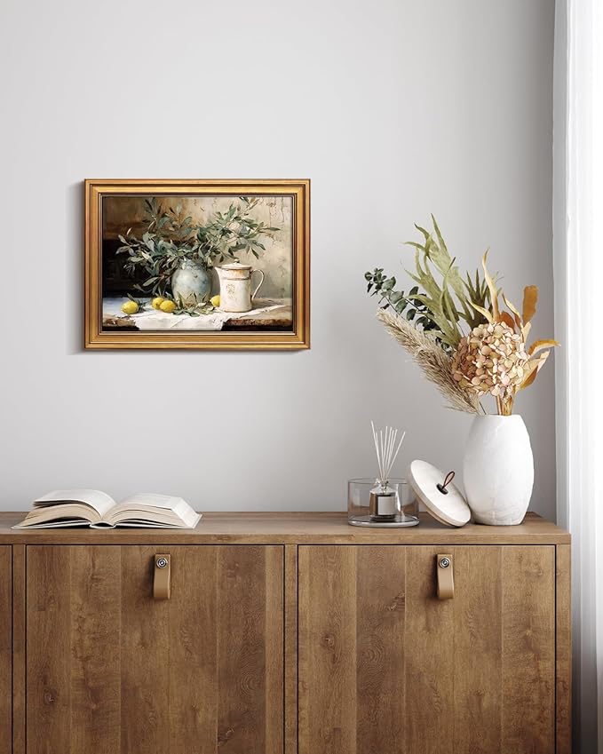 Bzstyleart Vintage Wall Art Decor for Living Room,Gold Framed Canvas Wall Art Home Decor Aesthetic,Lemon Pottery Jar Artwork Prints,Canvas Picture Print Artwork,12 x 16 Inch