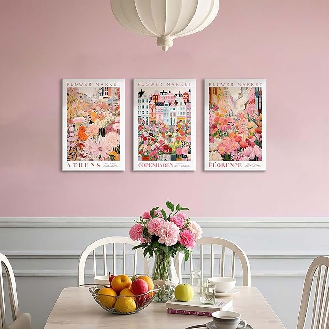 XLARTMY Flower Market Wall Art Print Canvas Framed Pink Floral Paintings Colorful Botanical Sunflower Artwork Travel Poster for Decor Picture 3 pieces for Living Room Bedroom Bathroom 16x24in