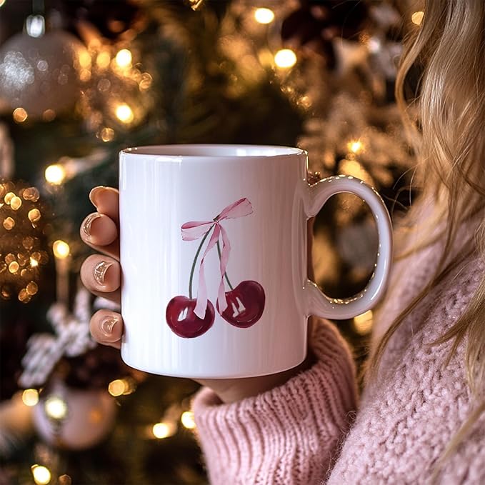 Pink Bow Cherry Coffee Mugs, Cute Preppy Pink Ceramic Coffee Mug Gifts for Women Teen Girls, Coquette Girly Coffee Cup, 11oz Ceramic Cup White