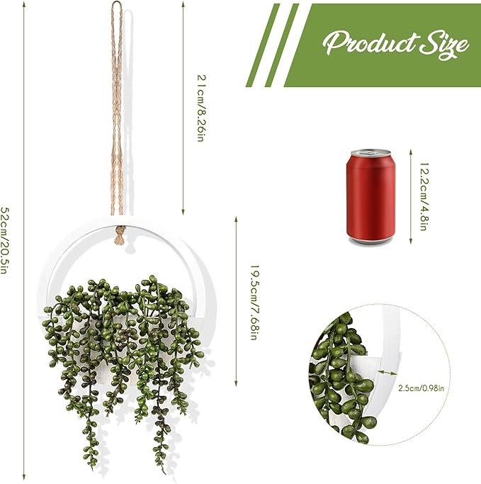 2PCS 12.2" Fake Hanging Plant, Succulent Wall Decor, Fake Plants Decor, String of Pearls in Pot with 8.3" Lanyard for House Indoor Outdoor Bedroom Wall Decor Aesthetic (White)