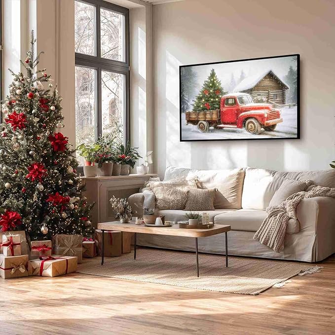 Red Truck Christmas Tree Vintage Holiday Wall Art Winter Snow Scene Poster Nostalgic Truck Canvas Print Indoor Decor for Home Living Room Bedroom Office Dining Room Farmhouse Framed Ready to Hang