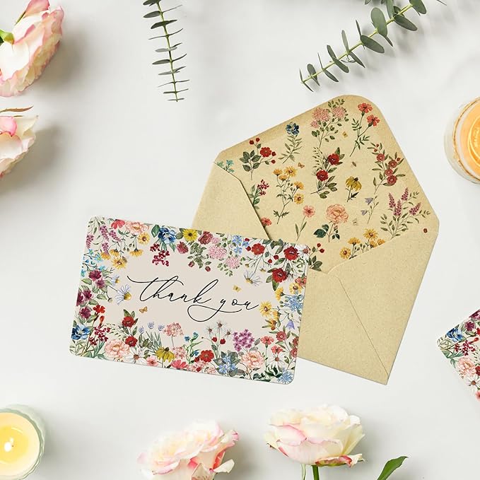 Artoid Mode 24 Pack Vintage Wildflower Thank You Cards Flower Greeting Cards Gift With Envelope Sticker Blank Note Cards for Birthday Wedding Baby Shower Bridal Shower, 4 x 6 Inch