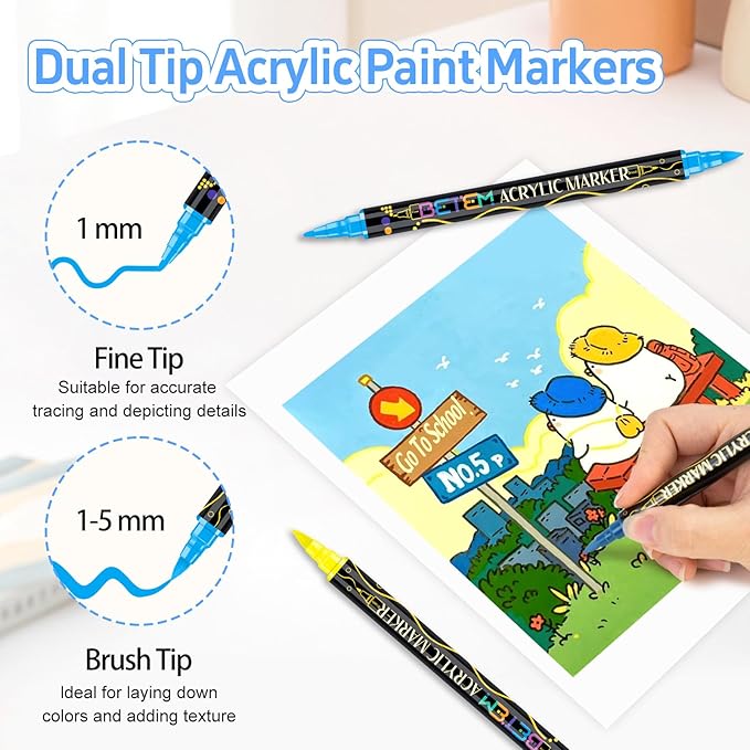 Betem Acrylic Paint Markers, Dual Tip 24 Colors Acrylic Paint Pens with Brush Tip and Fine Point, Art Supplies for Rock, Wood, Canvas, Stone, Glass, Ceramic, Rock Painting Christmas Gift