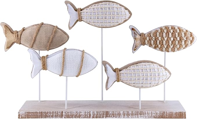 NAUTIMALL Wooden Fish Figurines with Jute Rope and Cotton String, Fish Sculpture Statues for Home Decoration, Table Top Nautical Decor for Living Room, Bedroom, Beachhouse Home Decor (JuteFish-5)