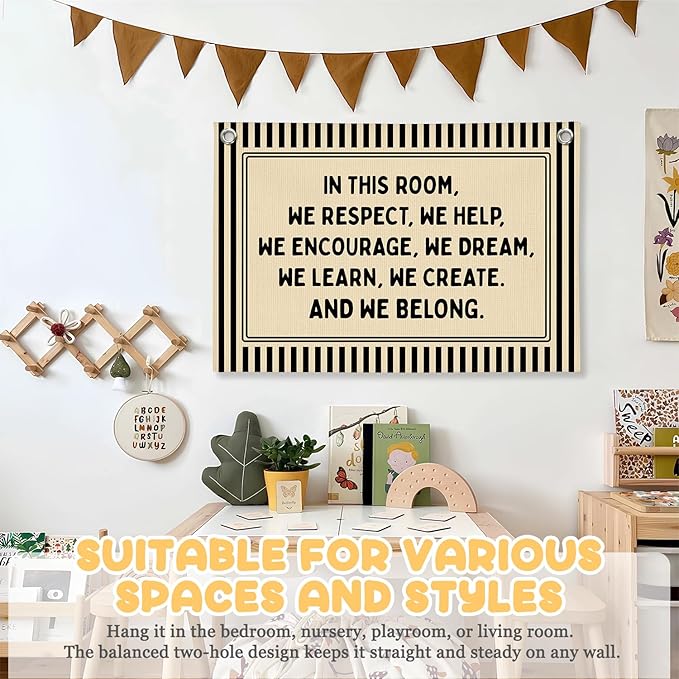 Classroom Decor, Retro Classroom Wall Hanging Canvas Banner Prints, in This Room We Respect Help Striped Wall Art Decor for Kids Nursery Toddler Room Bedroom Playroom, 30x20 Inch