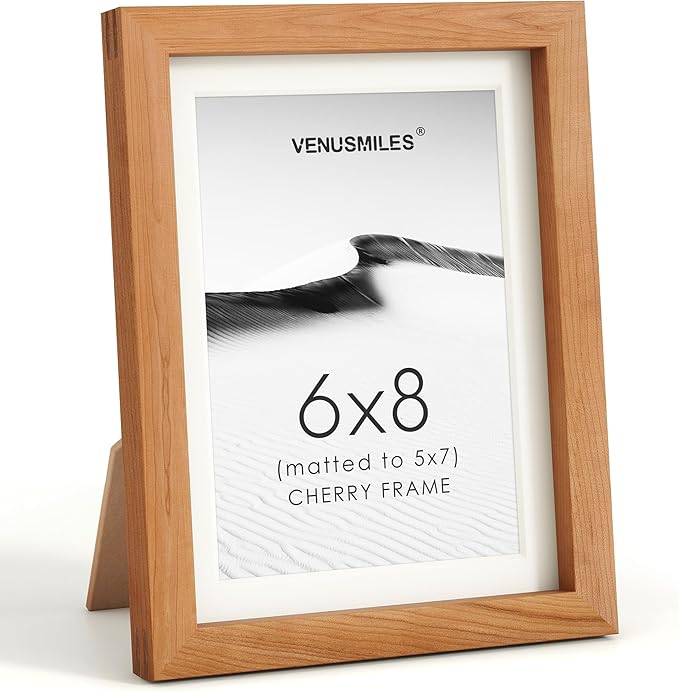 6x8 Picture Frame, USA-Sourced Natural Cherry Wood Photo Collage Frame with HD Tempered Glass, Modern Simple 6 x 8 Wooden Frame Matted to 5x7, Gallery Wall Frames for Art, Wall or Tabletop Display