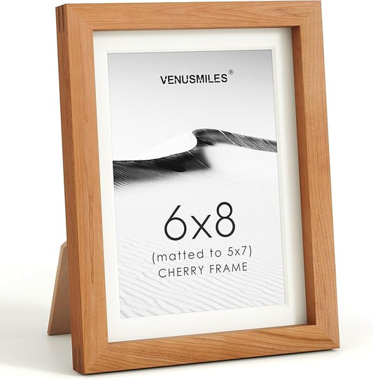 6x8 Picture Frame, USA-Sourced Natural Cherry Wood Photo Collage Frame with HD Tempered Glass, Modern Simple 6 x 8 Wooden Frame Matted to 5x7, Gallery Wall Frames for Art, Wall or Tabletop Display