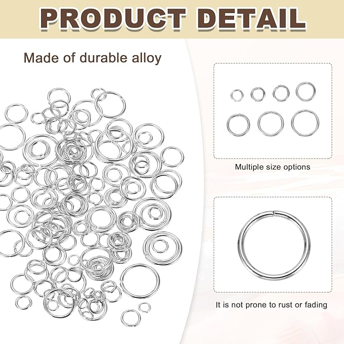 MECCANIXITY Jump Rings for Jewelry Making, 6 Sizes Alloy Open Jump Rings for Keychains Earings DIY Craft(Silver, 880Pcs)