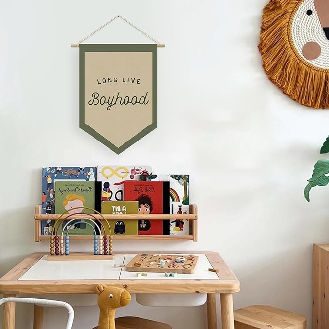 Boys Room Decor, Long Live Boyhood Linen Canvas Banner, Boy Nursery Wall Hanging Pennant Flag Banner for Boys Kids Toddler Room Bedroom Playroom Decor, 15x11in - Green