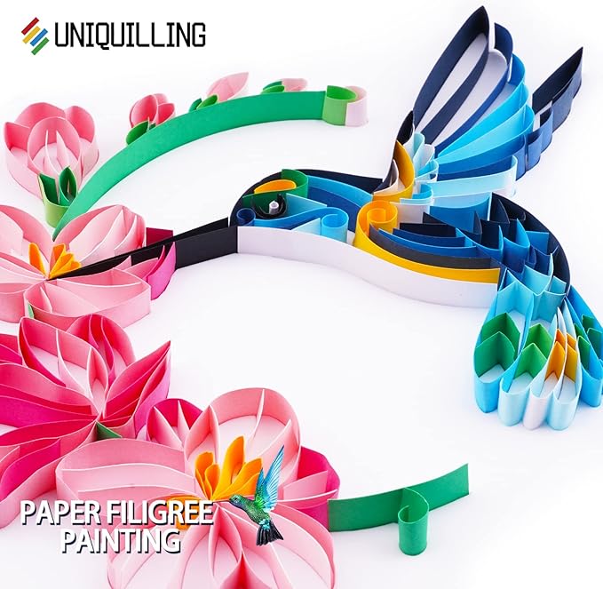 Uniquilling Quilling Kit, Paper Quilling Kits, 8 * 10-in Flower& Hummingbird Paper Filigree Kits with Quilling Tools& Using Manual, DIY Quilling Artwork Modern Wall Art for Living Room