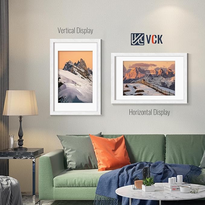 VCK 16x24 Picture Frames White Set of 5, Wide Border Wood, Display 12x18 Photo with Mat or 16 x 24 without, for Home, Office, Gallery, Woodgrain Series, Wall Hanging