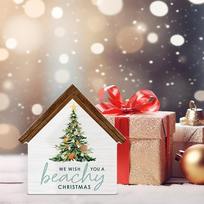 Beach Christmas Decorations, We Wish You a Beachy Christmas House Shaped Wood Sign, Coastal Beachy Xmas Decor for Home