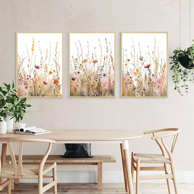 3Pcs Nursery Botanical Floral Wall Art Boho Wildflower watercolor Bouquet Canvas Wall Decor Pictures Forest Flower Posters Prints for Living Room Classroom Baby Bedroom Decoration Unframed
