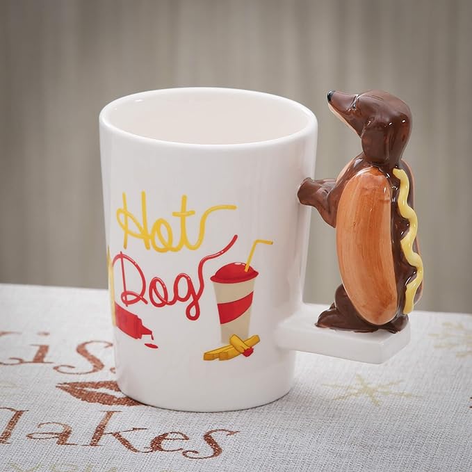 Ceramic Mug for Home & Office, Creative Porcelain 3D Animal Cup with Handle for Coffee, Tea, Juice, Milk & Water, 13.5 oz. Hotdog Dachshund Mug Gift, 5.1" H