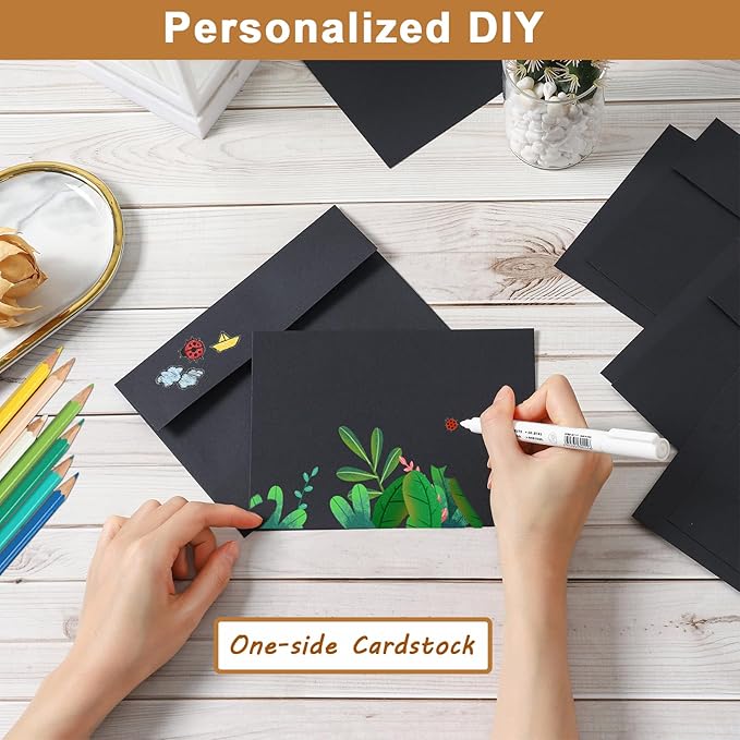100 Packs Black Blank Greeting Cards with Envelopes 4 x 6 Heavyweight Single Panel Cardstock and A4 Envelopes Printable Self Seal for Graduations, Wedding Invitations, Thanksgiving Cards