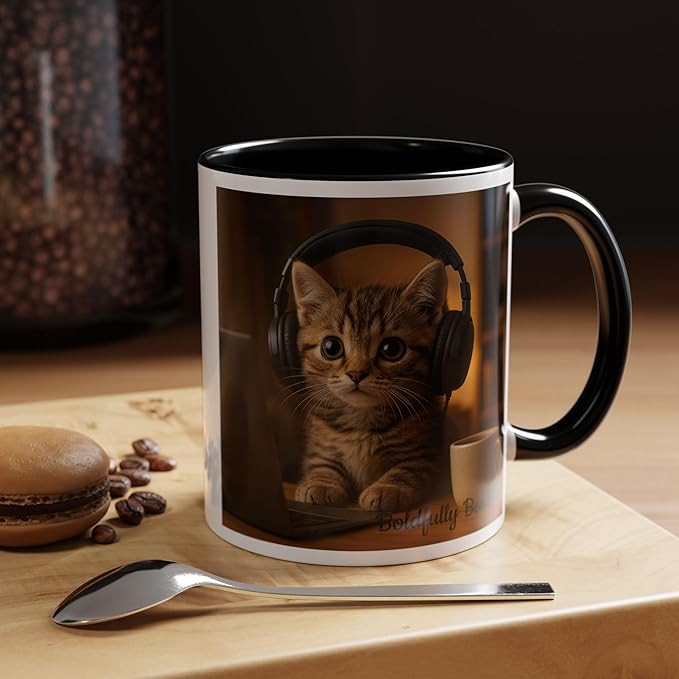 Adorable Cat Coffee Mug, Cute Kitten with Earphones, Pet Lover Gift, Tea Cup, Animal Lover Mug, Coffee Cup
