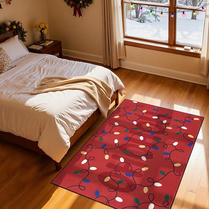 jinchan Jingle Lights Christmas Rug 4x6 for Living Room Bedroom Red Holiday Decorative Rug for Dining Room Foyer Colored String Lights Printed Xmas Decor Washable Non Slip Floor Carpet