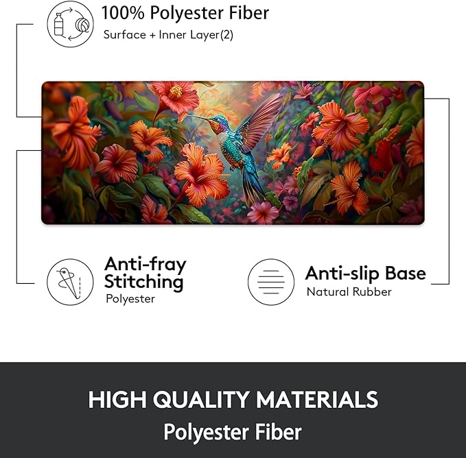 Hummingbird Floral Gaming Mouse Pad, Mouse Pad, Desk Mat, Non-Slip Rubber Base MousePads for Computers Laptop Office School Home Accessories Decor Gifts 31.5" x 11.8"