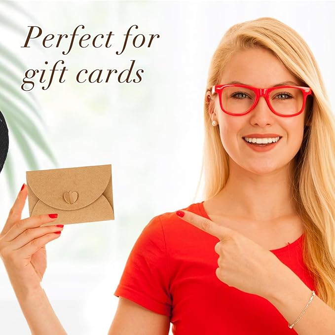 Mini Envelopes with Blank Cards 4.1 x 2.8 inch Kraft Paper Gift Card Holders Cute Tiny Envelopes with Heart Clasp for Gift Cards, Wedding Party Favors, Greeting Cards Mailing, Business Cards