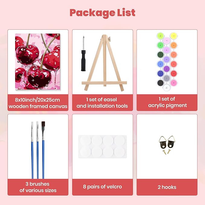 MXJSUA Cherry Framed Paint by Numbers for Adults Beginners, Easy Adults' Paint-by-Number Kits on Canvas with Easel, Cherry Acrylic Number Painting Crafts Kits Gifts for Home Decor, 8x10inch