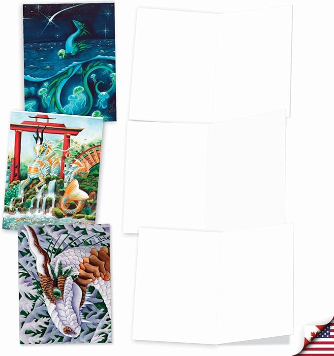 The Best Card Company - 10 Blank Note Cards (4 x 5.12 Inch) - Fun Mythical Fantasy Cards, Assorted Greetings Boxed - Dragon Dreams AM6293OCB-B1x10