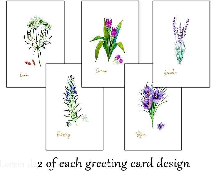 Vintage Herb Greeting Cards, 5x7 Inches, Set of 10 with Decorative Stickers, Blank Inside.
