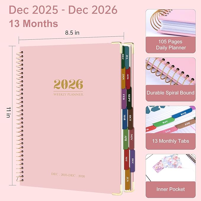 Yoment 2026 Planner Weekly and Monthly 8.5"x11" Large Hardcover Planner from Dec 2025 - Dec 2026 13 Months Calendar Academic Planners for Women Men Agenda Daily Weekly Yearly Planning with Tabs, Pink