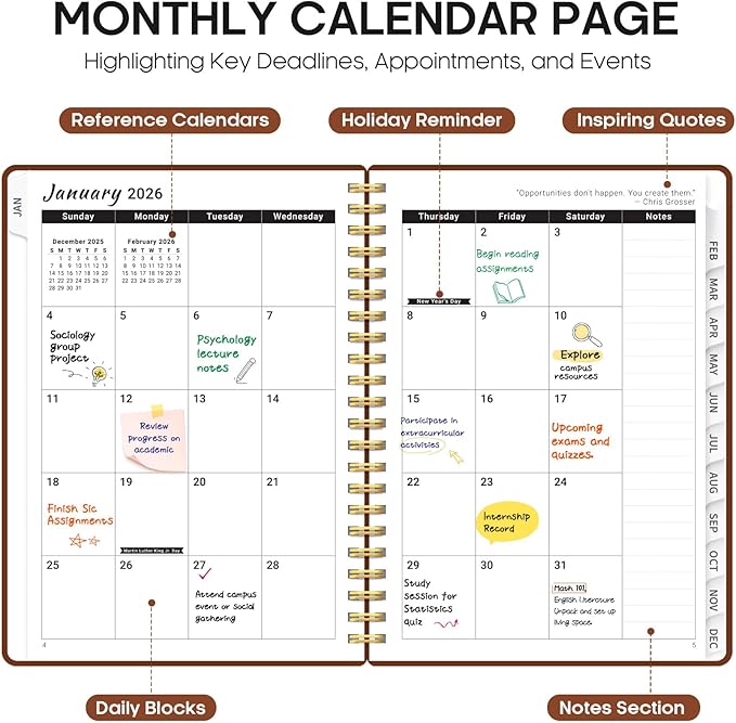 2026 Planner, Weekly and Monthly Calendar Planner for Women, Jan 2026 - Dec 2026, Hardcover Planning Agenda book with Tabs, Spiral Bound, Inner Pocket, Perfect for School Office Supplies, 8.5" x 11" - Rust Brown