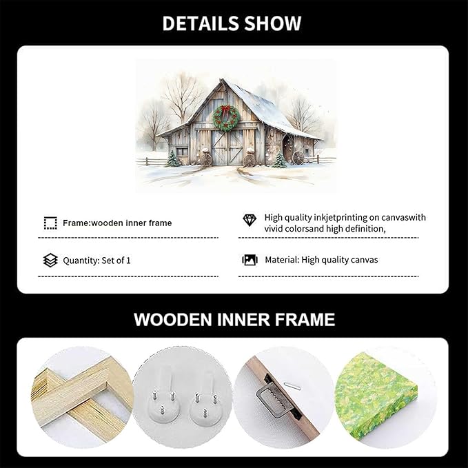 Rustic Landscape Wall Decor Barn Winter Cottage Wall Art Holiday Landscape Painting Rustic Winter Print Christmas Gingerbread Poster Indoor Decor for Living Room Bedroom Cabin Framed Ready to Hang