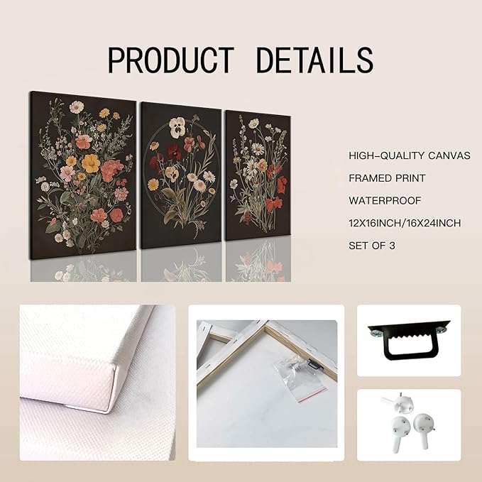 TUEASKY 3 Piece Dark Floral Canvas Wall Art Vintage Botanical Wall Art Moody Flower Decor Black Wildflower Art Prints for Living Room Bedroom Office 16x24in Framed