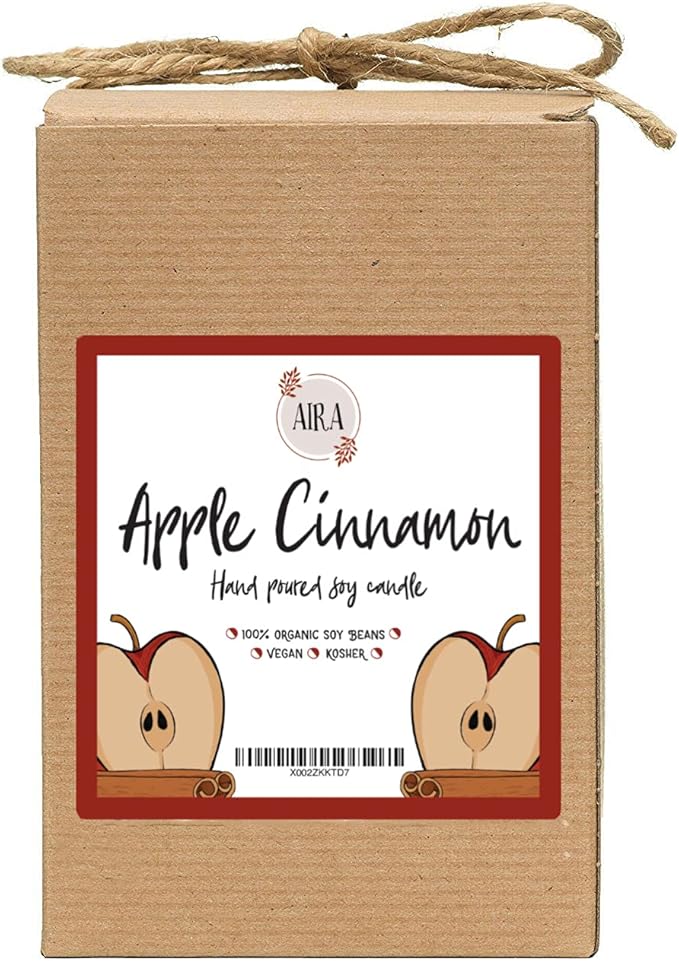 Aira Soy Candles - Organic, Kosher, Vegan, in Farmhouse Jar w/Essential Oil Blends - Hand-Poured 100% Soy Candle Wax - Paraffin Free, Burns 150+ Hours - Apple Cinnamon -20 Ounces
