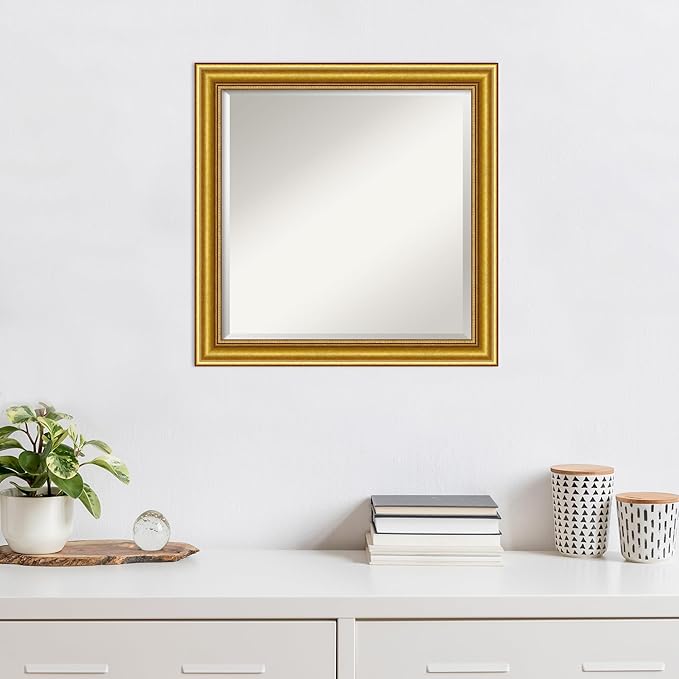 Amanti Art Gold Wall Mirror 24x24 Townhouse Gold Square Bathroom Mirror for Wall Decor Living Room, Medium Traditional Wood Frame, Hangs Horizonally and Vertically, Bathroom Decor, Beveled Edge
