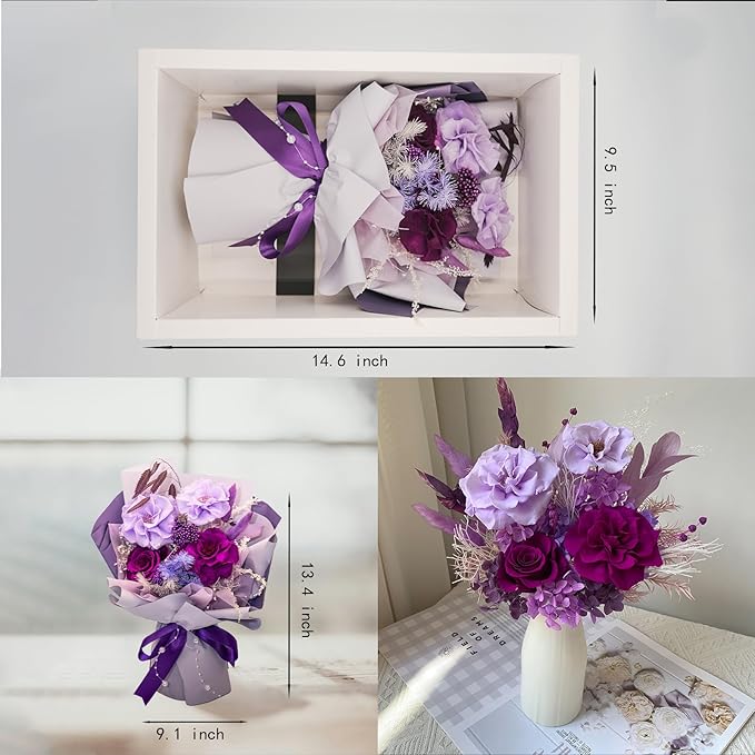HUACHIPLUS Natural Eternal Flowers Gift: Preserved Flowers Bouquet, Anniversary, Birthday, Mom Gifts for her-Flowers for Delivery Prime-Purple Forever Flower Arrangement (Violet)