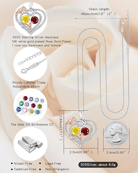 Women's Birthstone Necklace, Holiday Gift for Girlfriend, 925 Sterling Silver Heart Rose Necklace, Anniversary Birthday Gift for Wife, Daughter